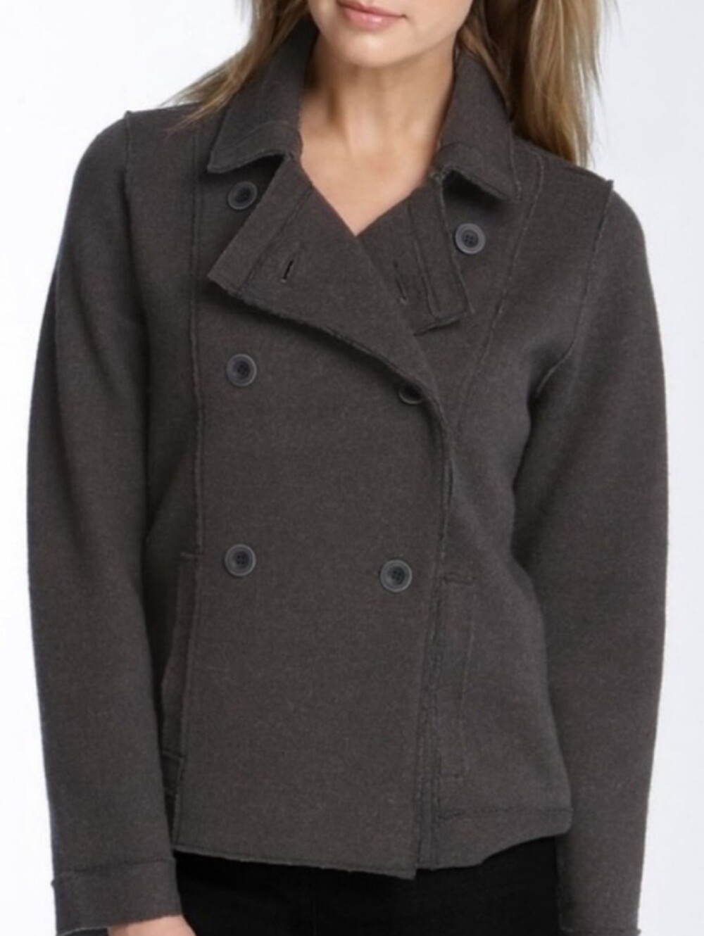 EILEEN FISHER Gray Merino Wool Double Breasted Pea Jacket Coat Pockets Sz Small